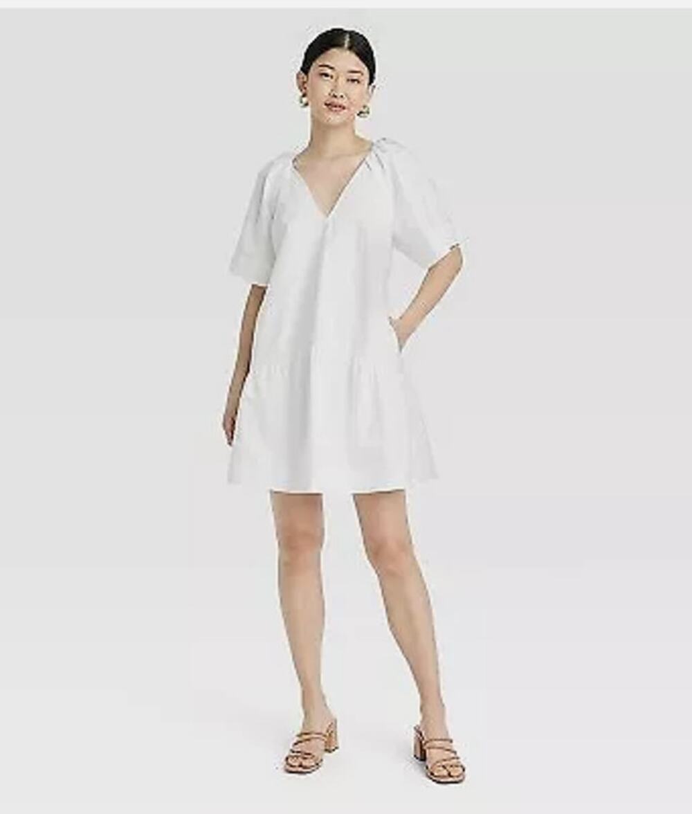 Flutter Short Sleeve Mini Poplin Dress XS- 100% Cotton -A New Day-White-NWT